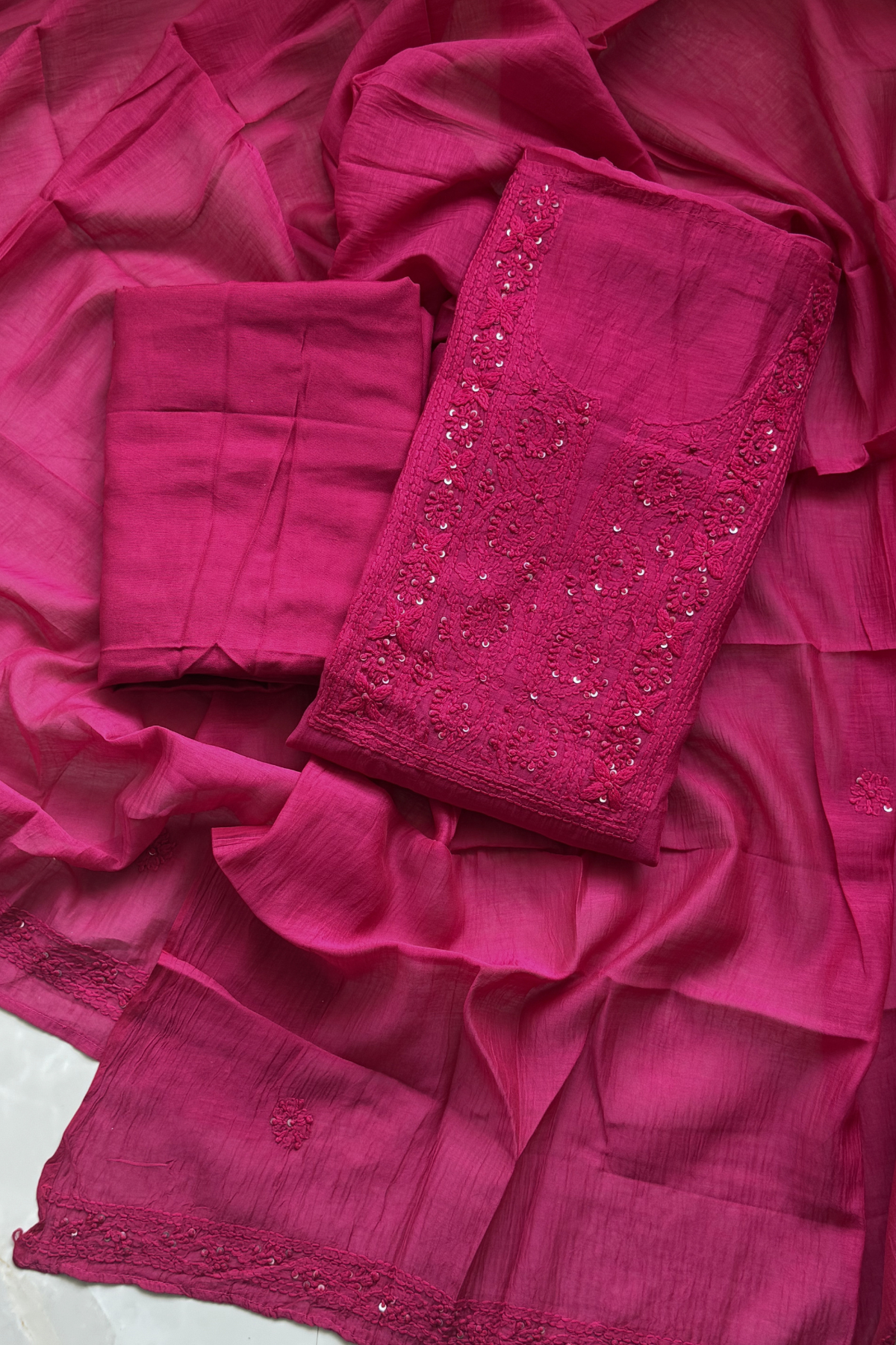 Lucknawi Pure Mul Chanderi 3-Piece Unstitched Kurta Set - Bright Pink