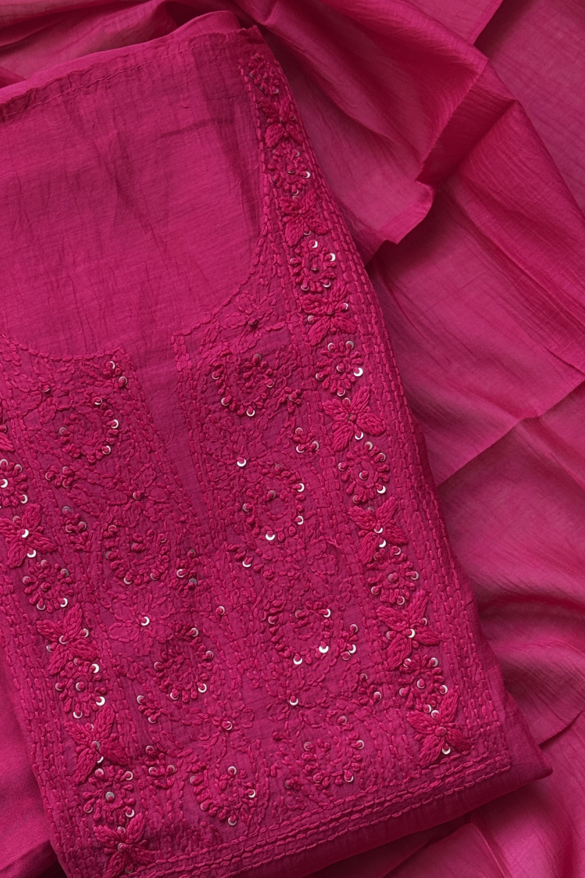 Lucknawi Pure Mul Chanderi 3-Piece Unstitched Kurta Set - Bright Pink
