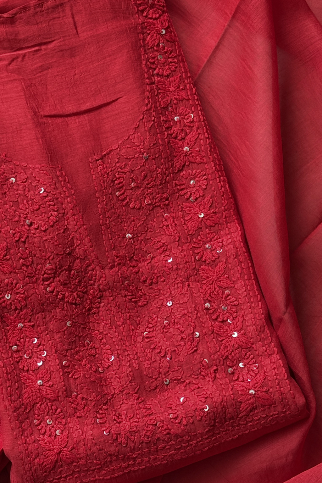 Lucknawi Pure Mul Chanderi 3-Piece Unstitched Kurta Set - Bright Red