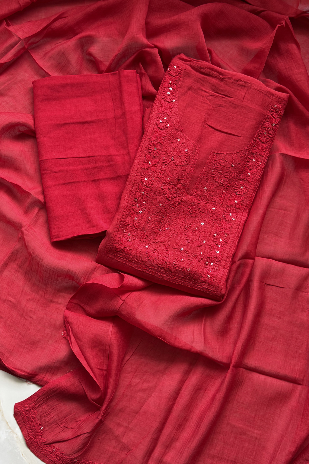Lucknawi Pure Mul Chanderi 3-Piece Unstitched Kurta Set - Bright Red
