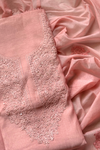 Lucknawi Pure Mul Chanderi 3-Piece Unstitched Kurta Set - Light Peach pink