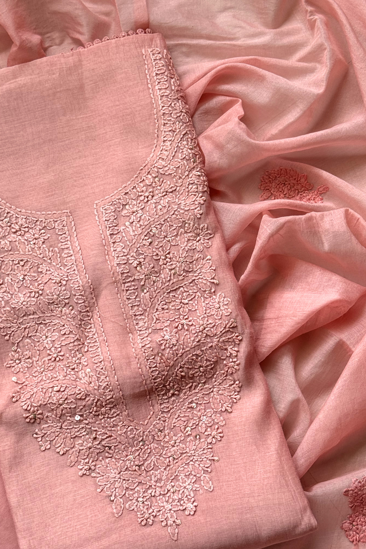 Lucknawi Pure Mul Chanderi 3-Piece Unstitched Kurta Set - Light Peach pink