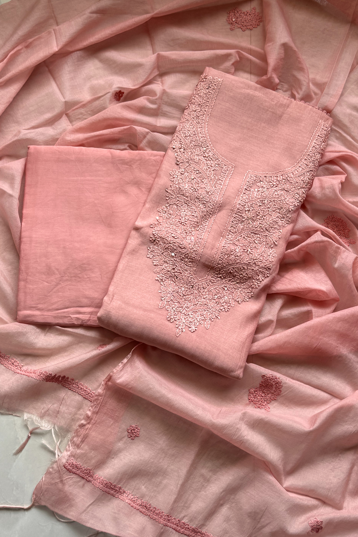 Lucknawi Pure Mul Chanderi 3-Piece Unstitched Kurta Set - Light Peach pink