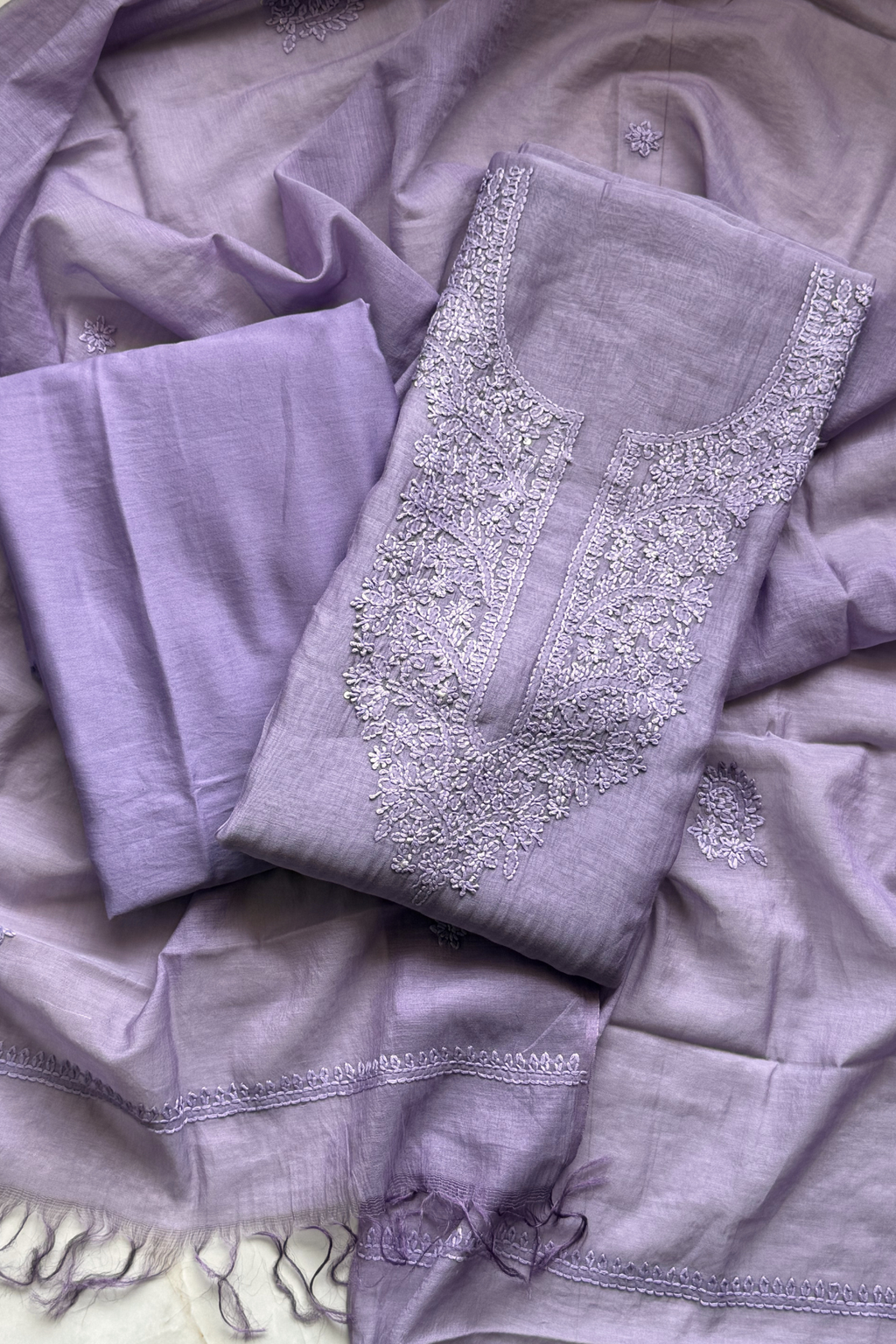 Lucknawi Pure Mul Chanderi 3-Piece Unstitched Kurta Set - Light Purple