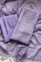Lucknawi Pure Mul Chanderi 3-Piece Unstitched Kurta Set - Light Purple