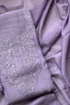 Lucknawi Pure Mul Chanderi 3-Piece Unstitched Kurta Set - Light Purple
