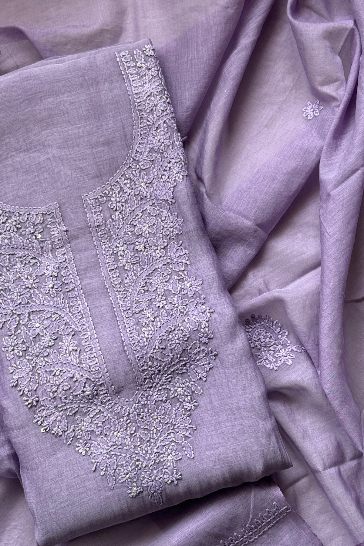 Lucknawi Pure Mul Chanderi 3-Piece Unstitched Kurta Set - Light Purple
