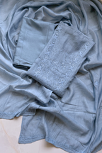 Lucknawi Pure Mul Chanderi 3-Piece Unstitched Kurta Set - Powder Blue
