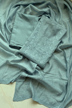Lucknawi Pure Mul Chanderi 3-Piece Unstitched Kurta Set - Sea Green