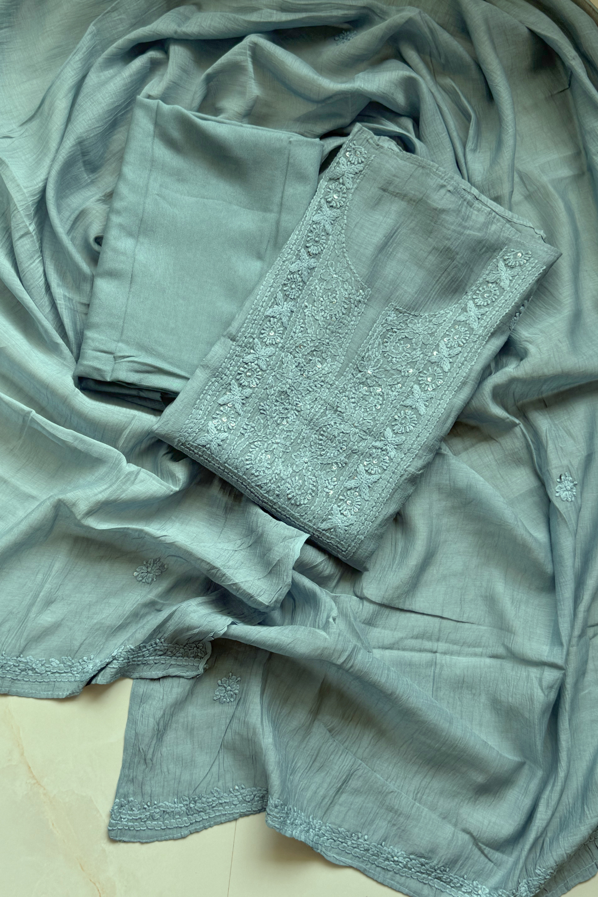 Lucknawi Pure Mul Chanderi 3-Piece Unstitched Kurta Set - Sea Green