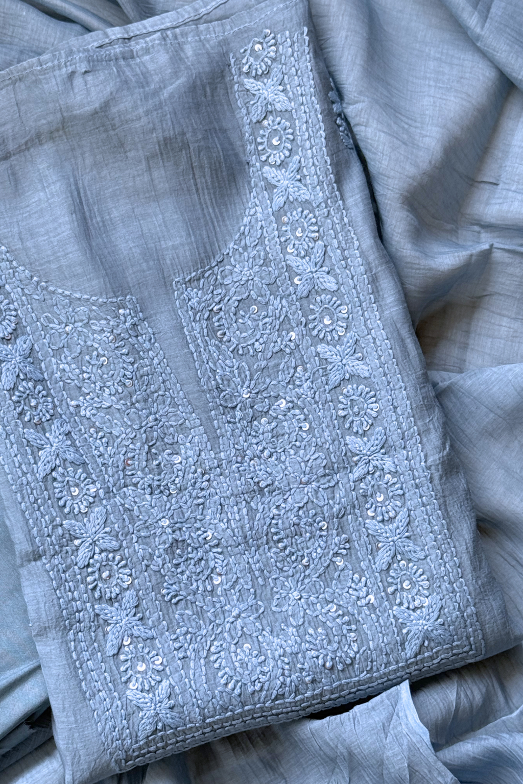 Lucknawi Pure Mul Chanderi 3-Piece Unstitched Kurta Set - Powder Blue