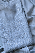 Lucknawi Pure Mul Chanderi 3-Piece Unstitched Kurta Set - Powder Blue