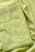 Lucknawi Pure Mul Chanderi 3-Piece Unstitched Kurta Set - Light Green