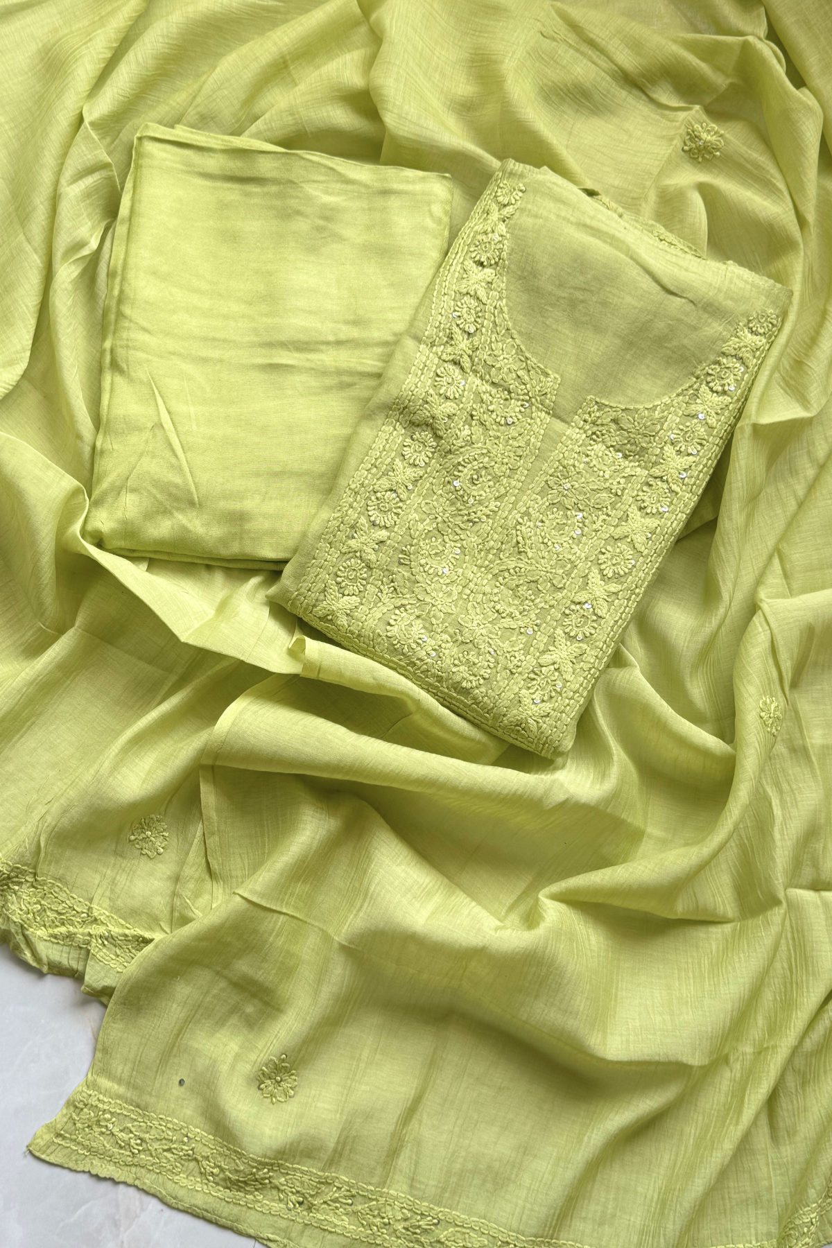 Lucknawi Pure Mul Chanderi 3-Piece Unstitched Kurta Set - Light Green
