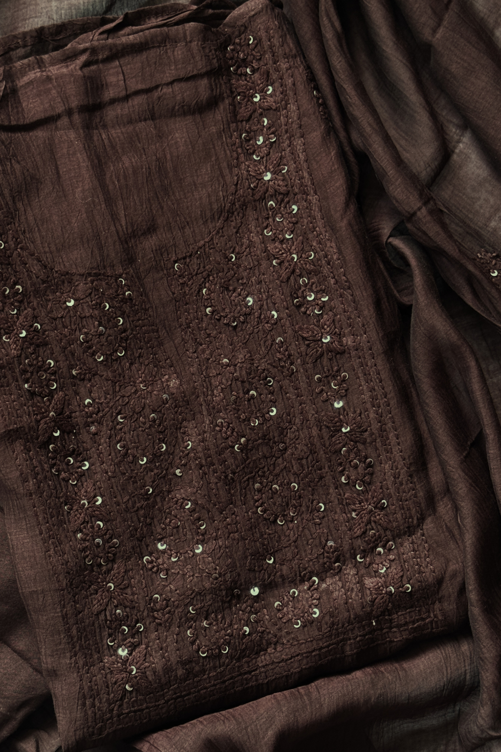 Lucknawi Pure Mul Chanderi 3-Piece Unstitched Kurta Set - Brown
