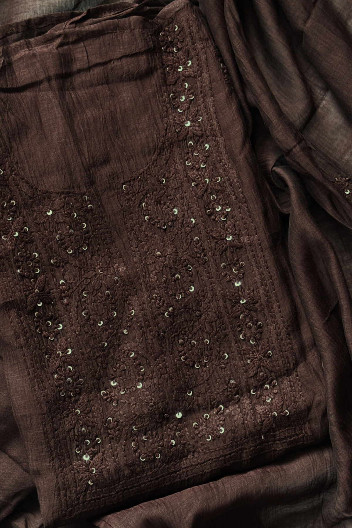 Lucknawi Pure Mul Chanderi 3-Piece Unstitched Kurta Set - Brown
