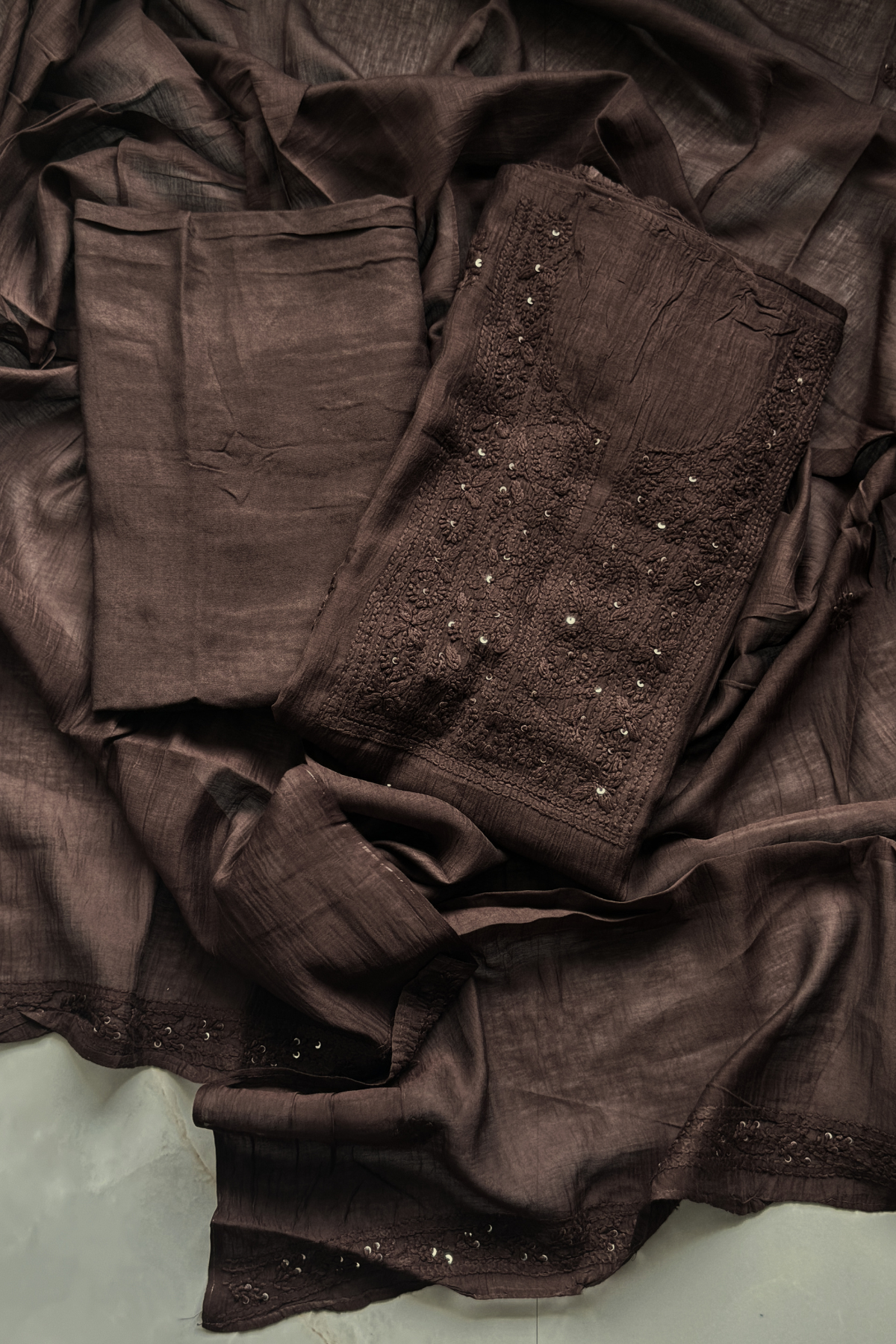 Lucknawi Pure Mul Chanderi 3-Piece Unstitched Kurta Set - Brown