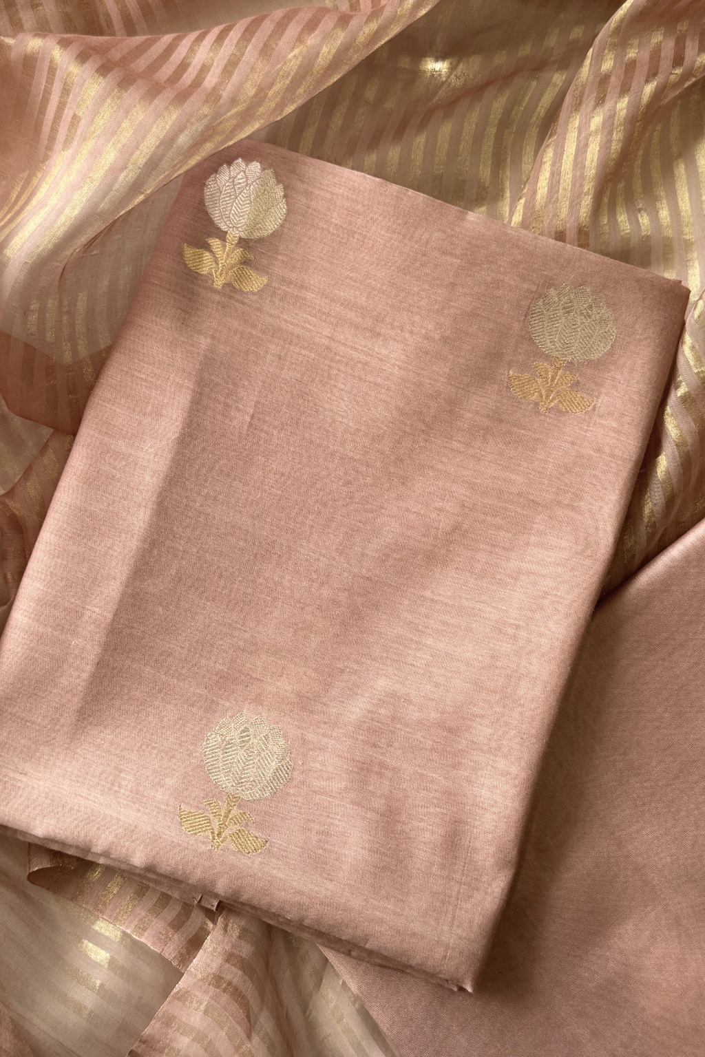 Pure Mul Chanderi With Kadwa Weaving - Dusty Rose