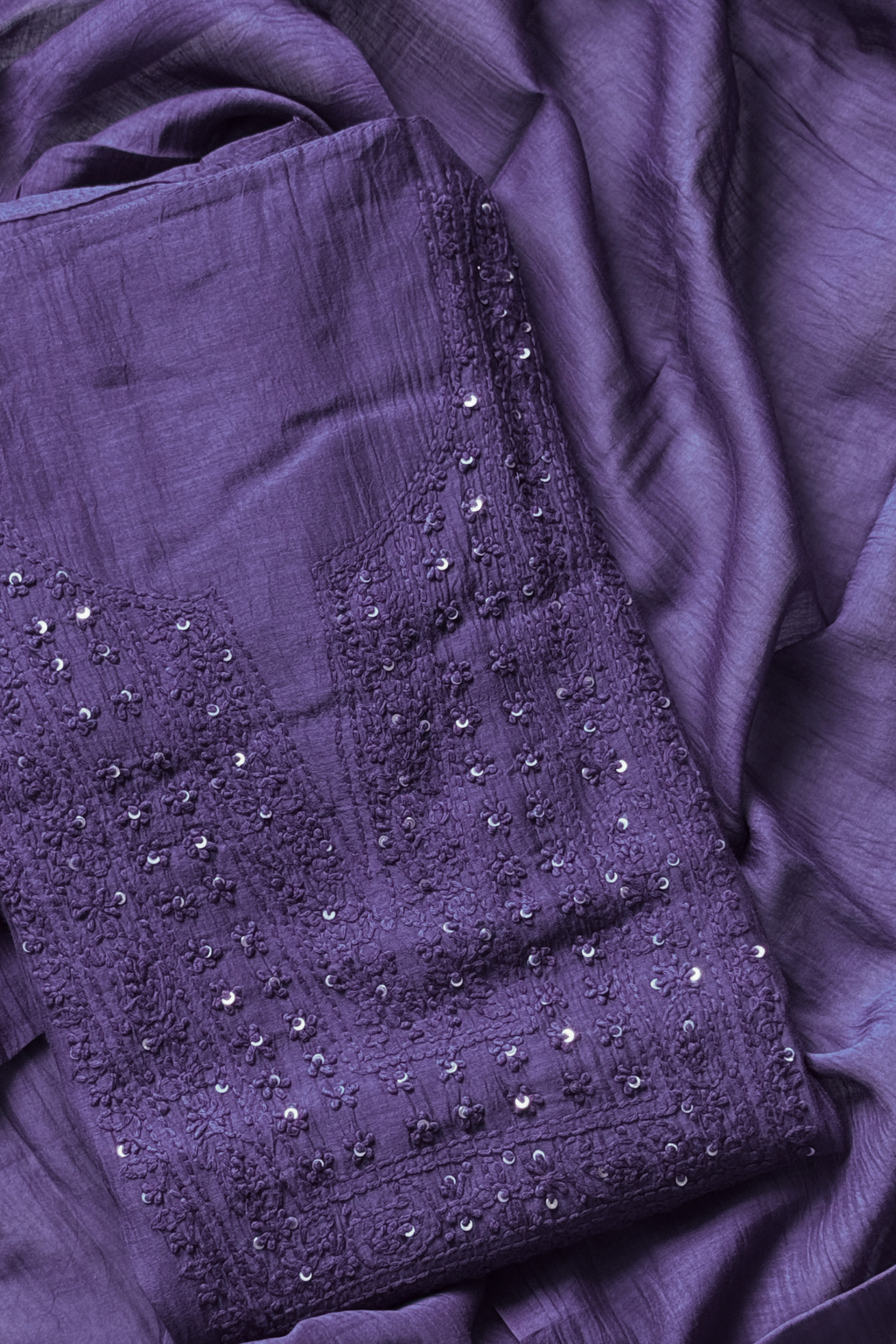 Lucknawi Pure Mul Chanderi 3-Piece Unstitched Kurta Set - Dark Purple