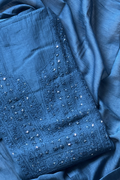 Lucknawi Pure Mul Chanderi 3-Piece Unstitched Kurta Set - Peacock Blue