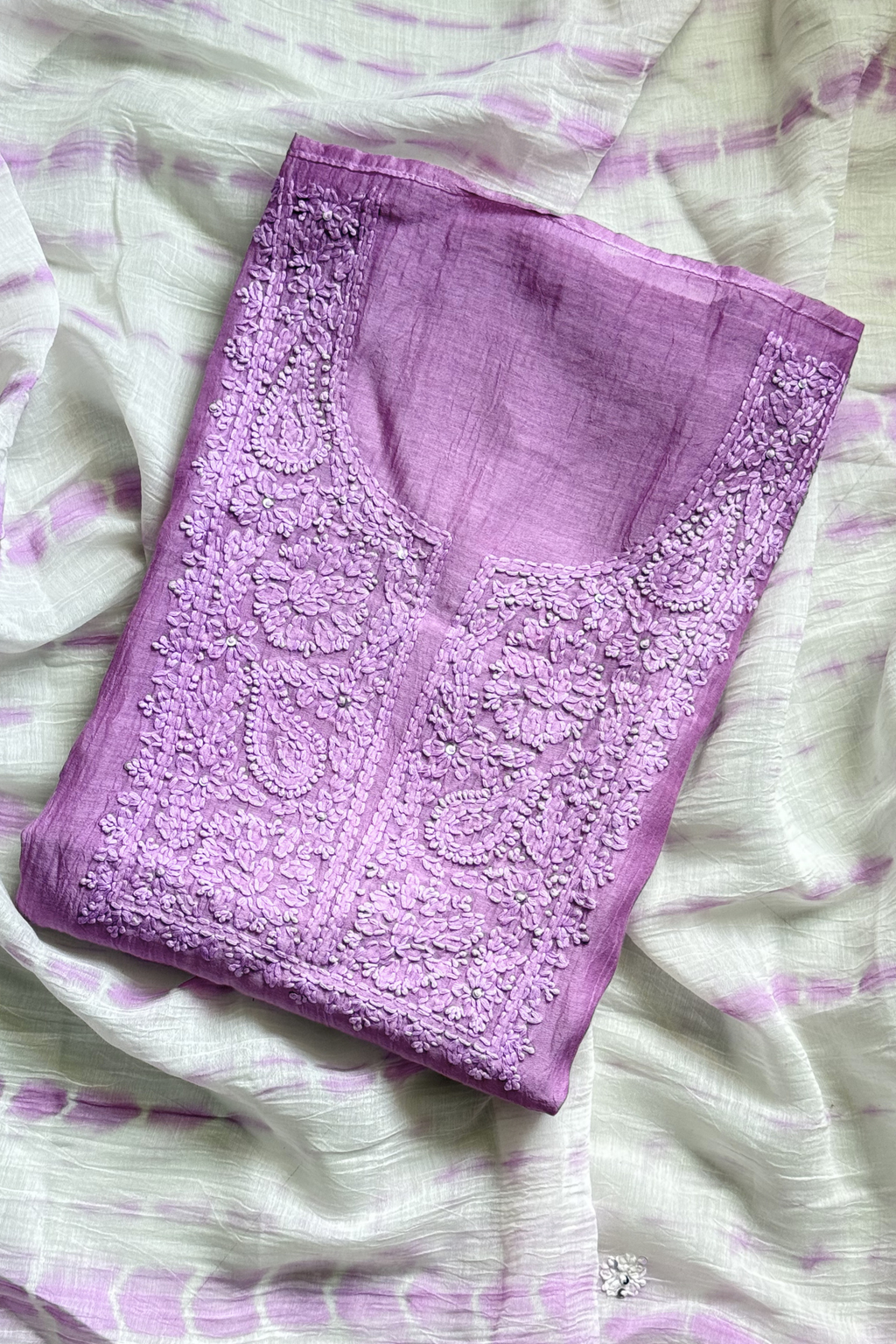 Lucknawi Pure Mul Chanderi 3-Piece Unstitched Kurta Set -  Light Purple