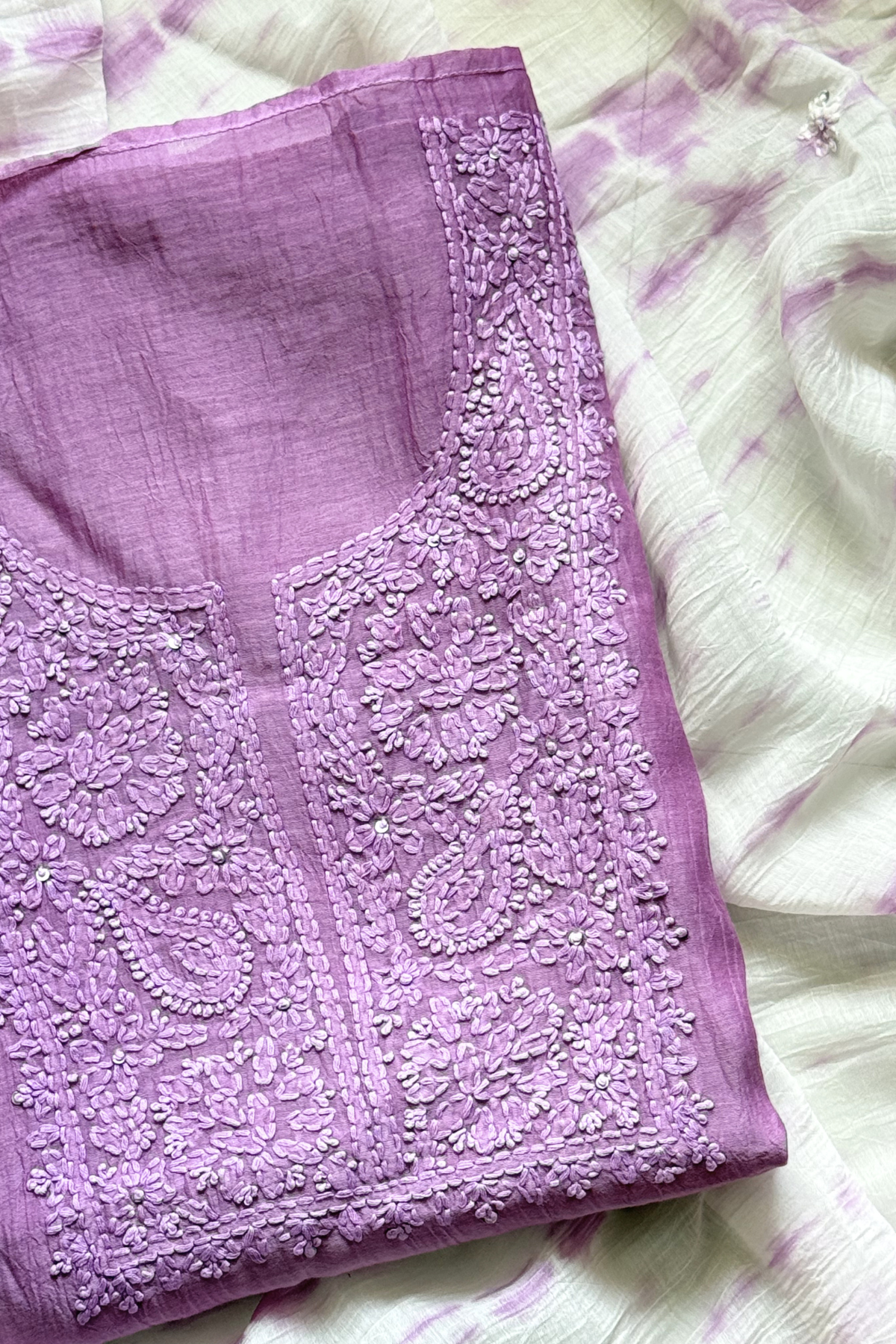 Lucknawi Pure Mul Chanderi 3-Piece Unstitched Kurta Set -  Light Purple