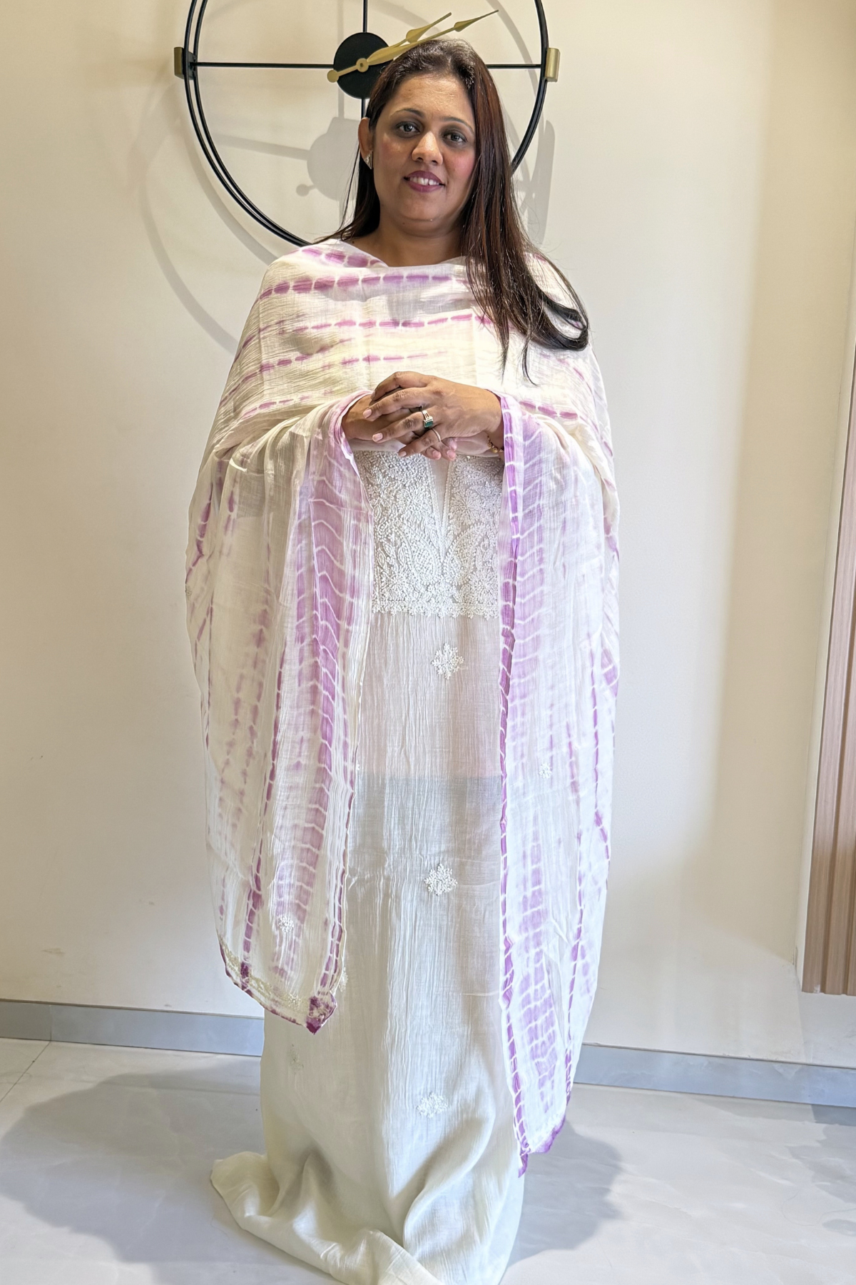Lucknawi Pure Mul Chanderi 3-Piece Unstitched Kurta Set -  Off White & Light Purple