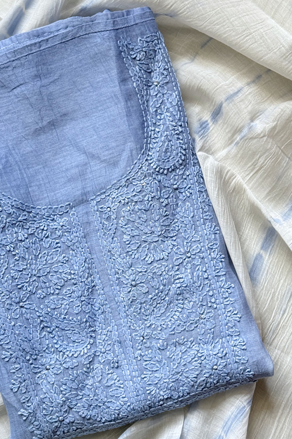 Lucknawi Pure Mul Chanderi 3-Piece Unstitched Kurta Set -  Off White & Powder Blue