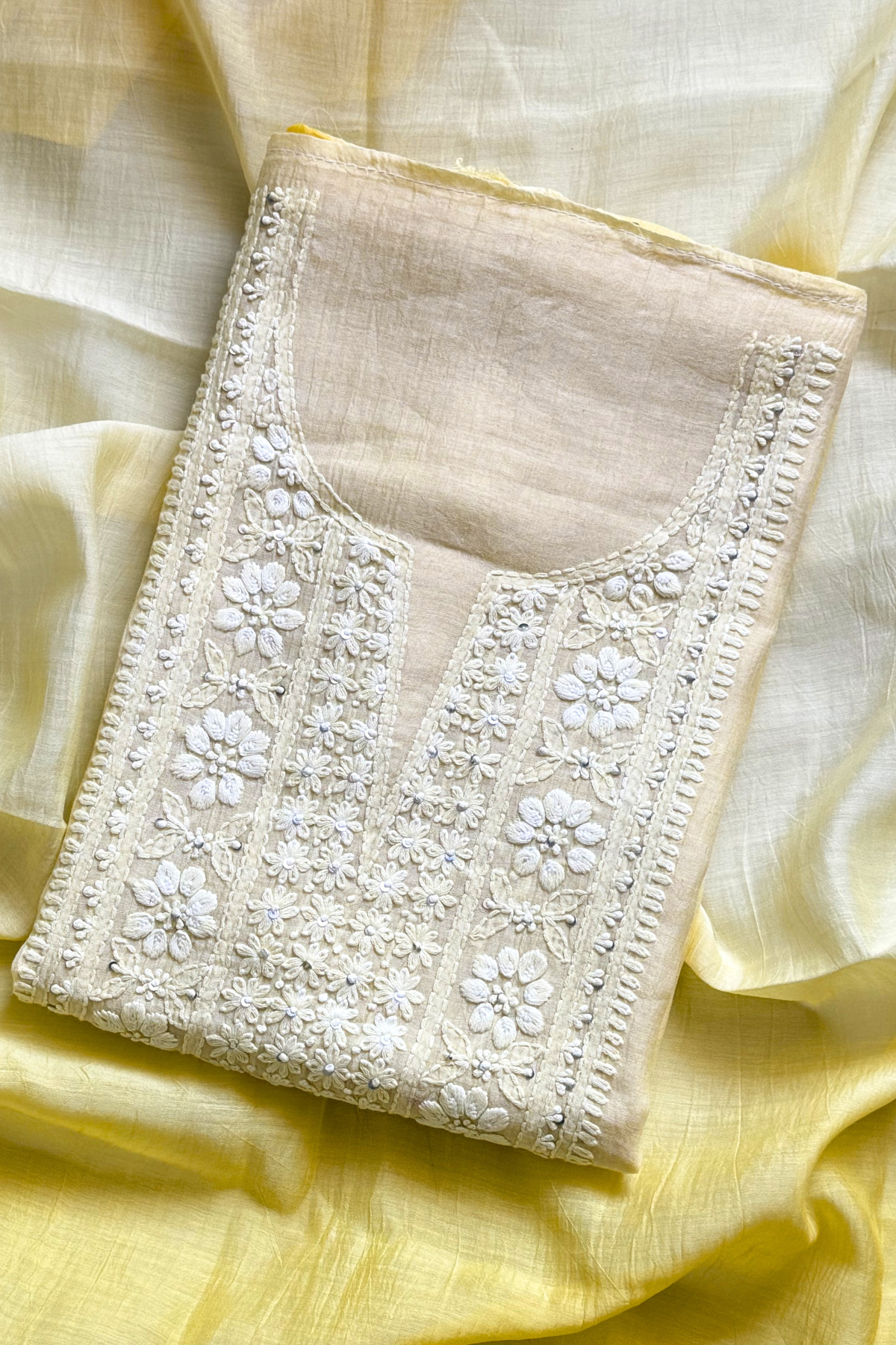 Lucknawi Pure Mul Chanderi 3-Piece Unstitched Ombre Kurta Set – Yellow