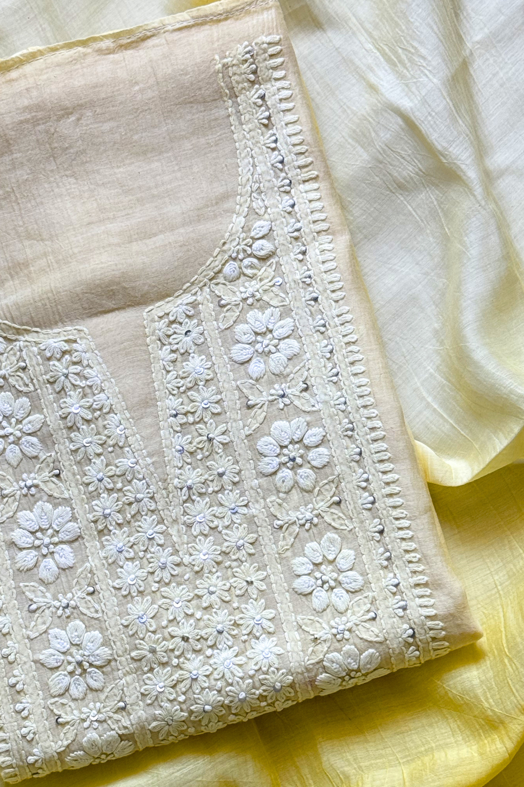 Lucknawi Pure Mul Chanderi 3-Piece Unstitched Ombre Kurta Set – Yellow