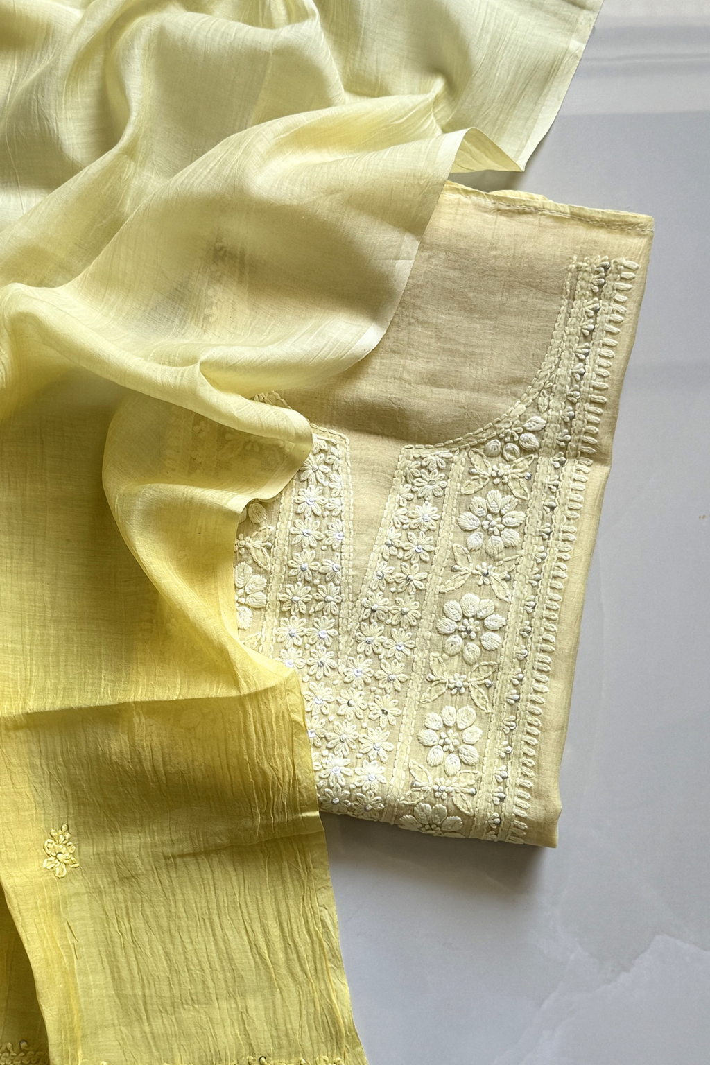 Lucknawi Pure Mul Chanderi 3-Piece Unstitched Ombre Kurta Set – Yellow