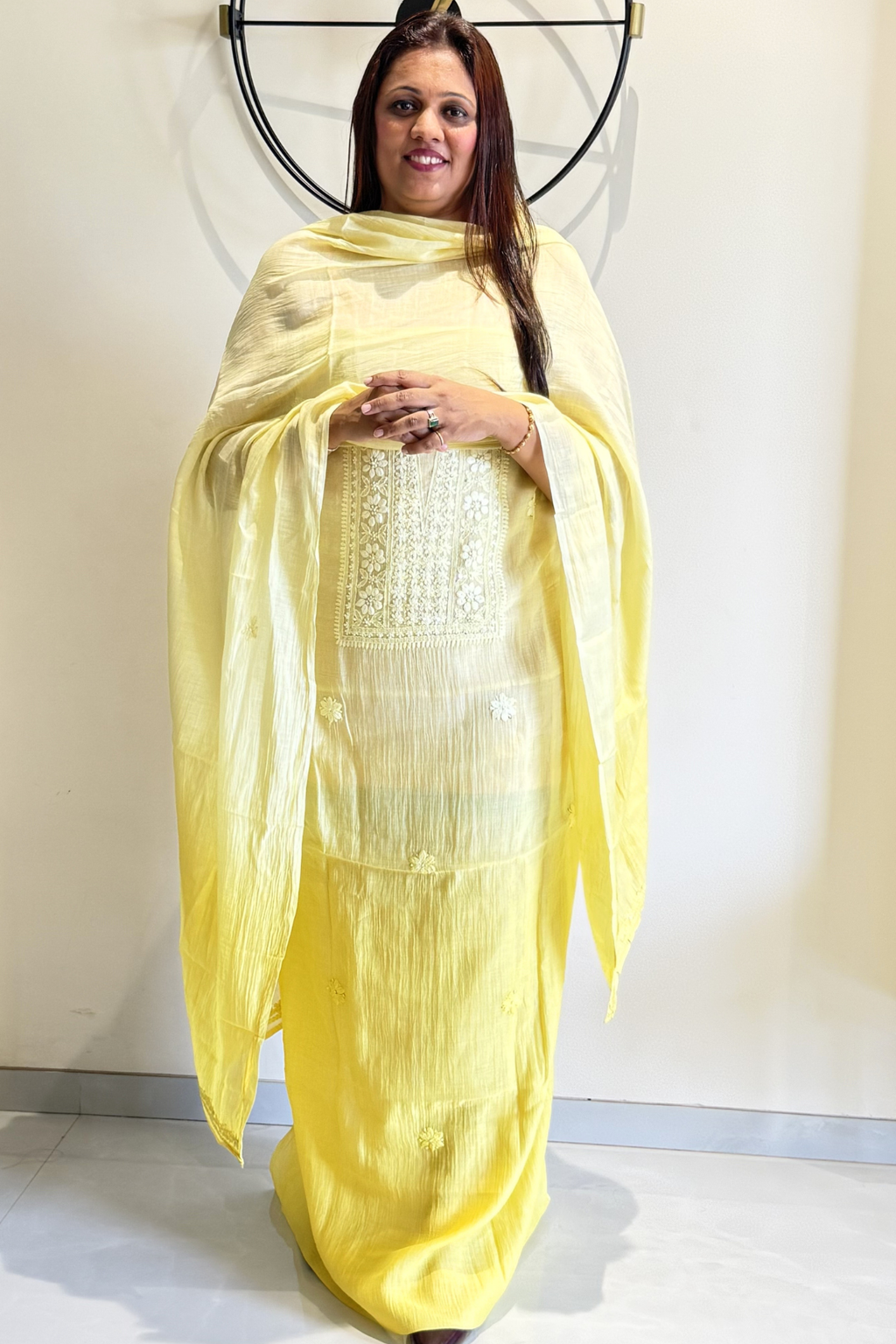 Lucknawi Pure Mul Chanderi 3-Piece Unstitched Ombre Kurta Set – Yellow