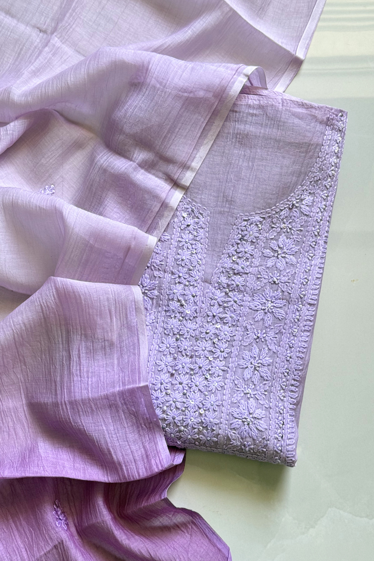 Lucknawi Pure Mul Chanderi 3-Piece Unstitched Ombre Kurta Set – Purple