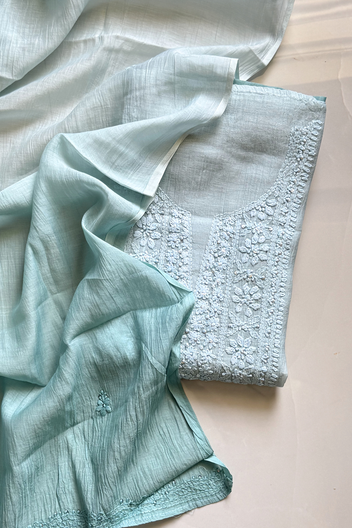 Lucknawi Pure Mul Chanderi 3-Piece Unstitched Ombre Kurta Set – Sea Green