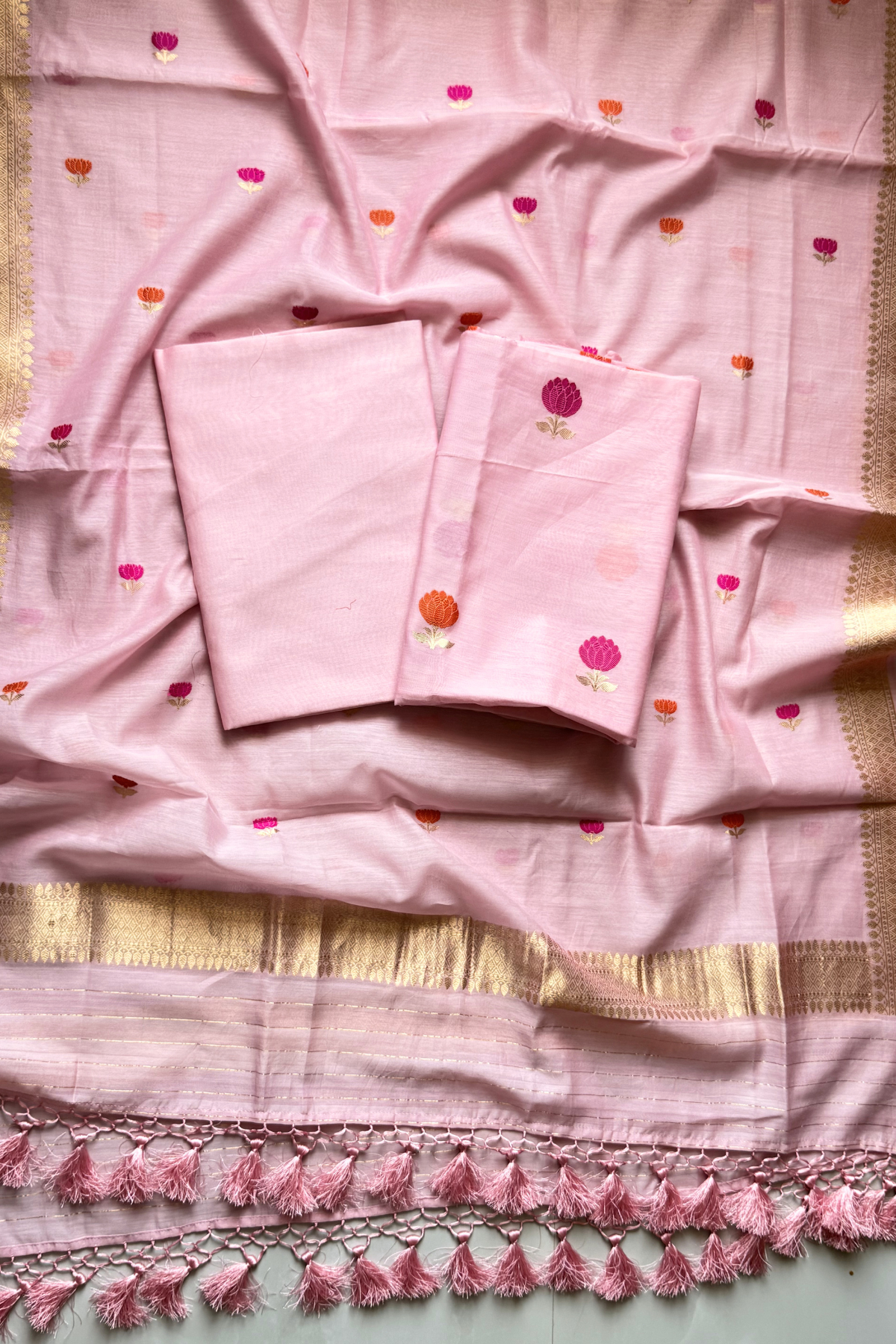 Pure Mul Chanderi With Kadwa Weaving - Light Pink