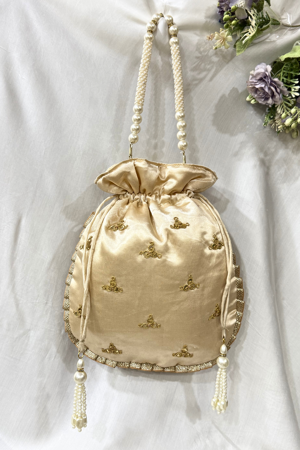Marodi peacock handwork potli Bag -  Beige Color