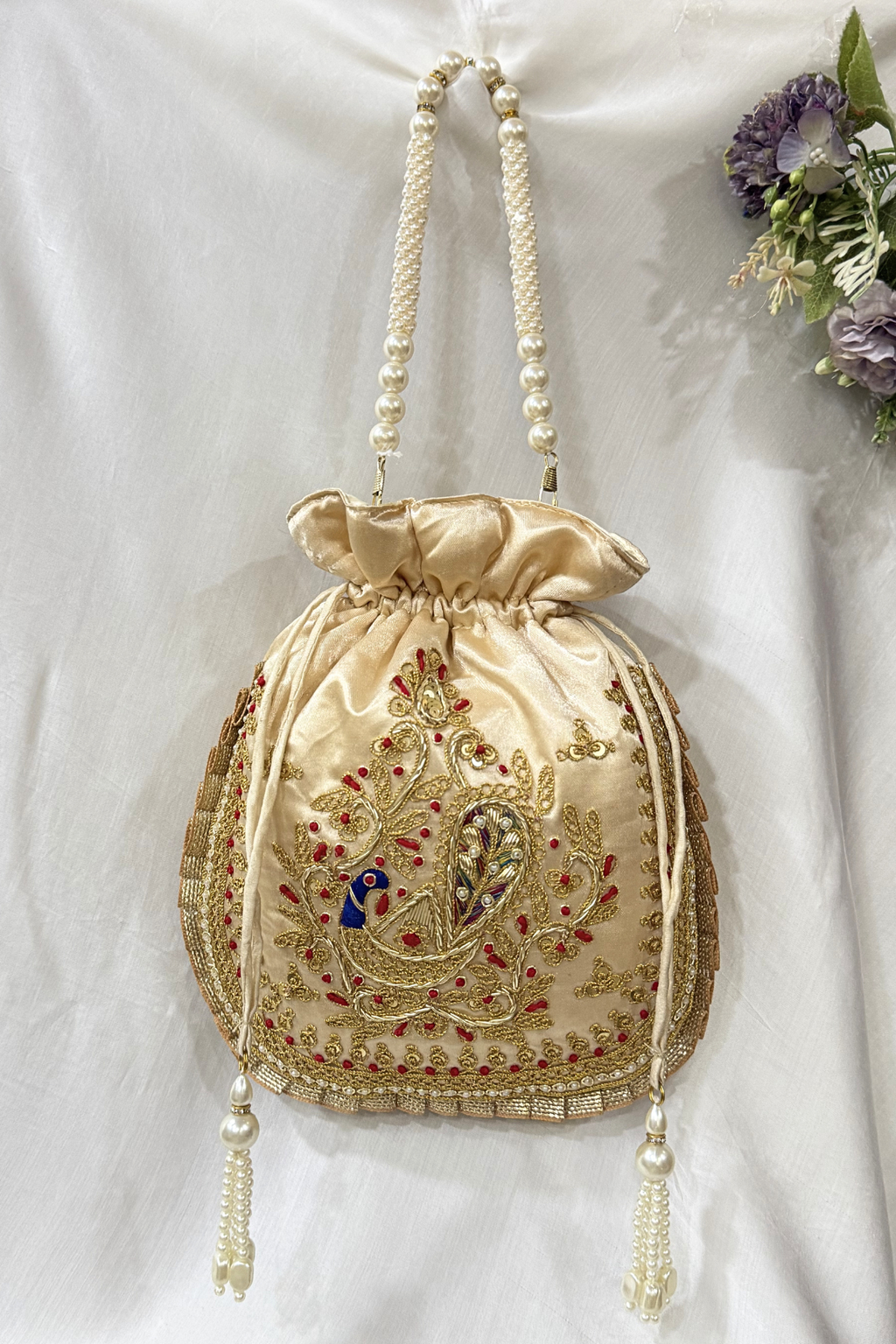 Marodi peacock handwork potli Bag -  Beige Color