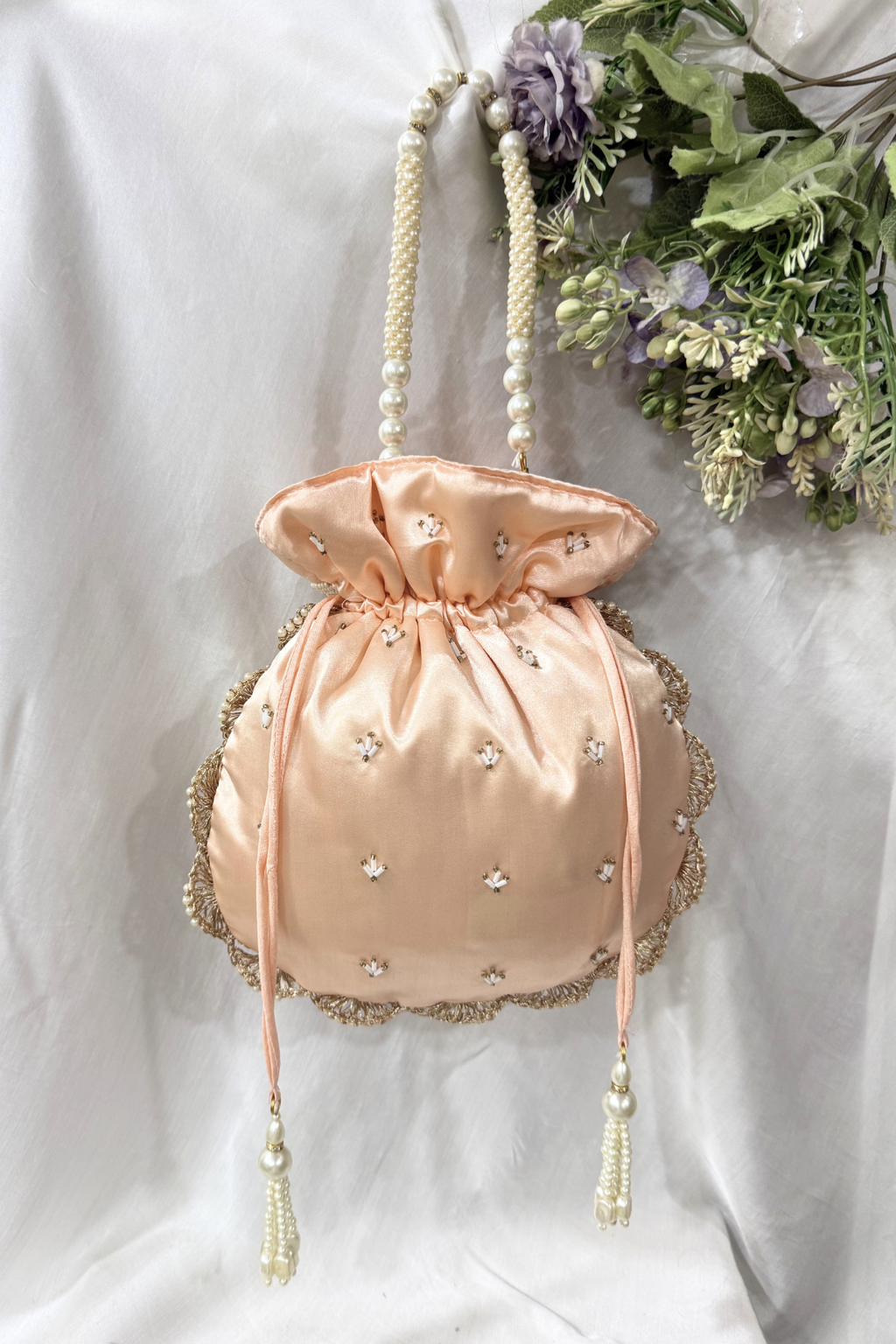 Jaco Pearl Peacock handwork potli Bag -  Peach