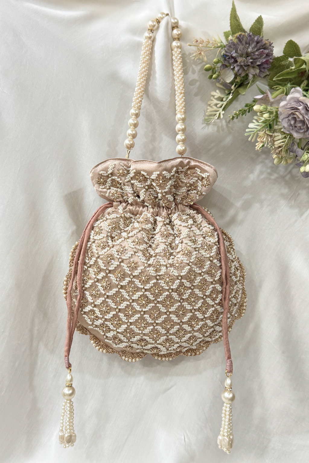 Jardosi  & Jaco Pearl potli Bag - Rose gold