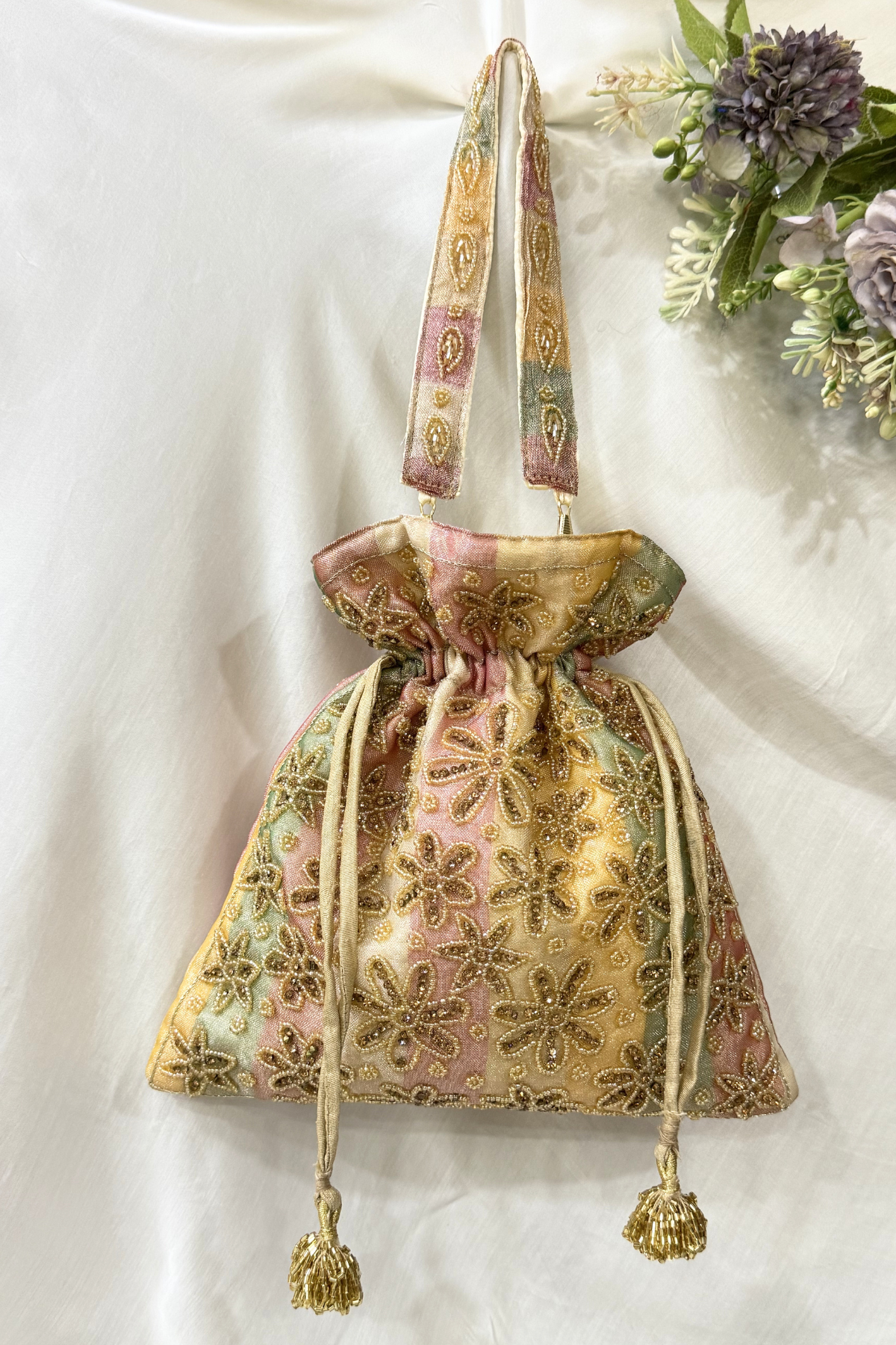 Jaco Pearl Flowers potli Bag - Colorful