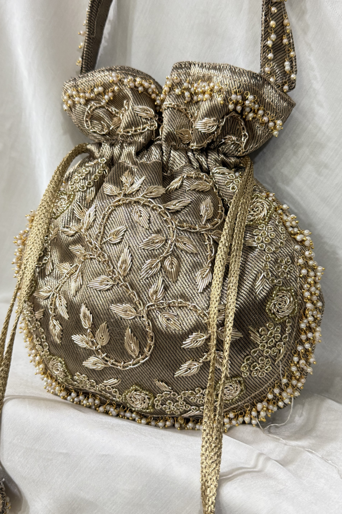 Jardosi Work Potli bag - Brownish Gold