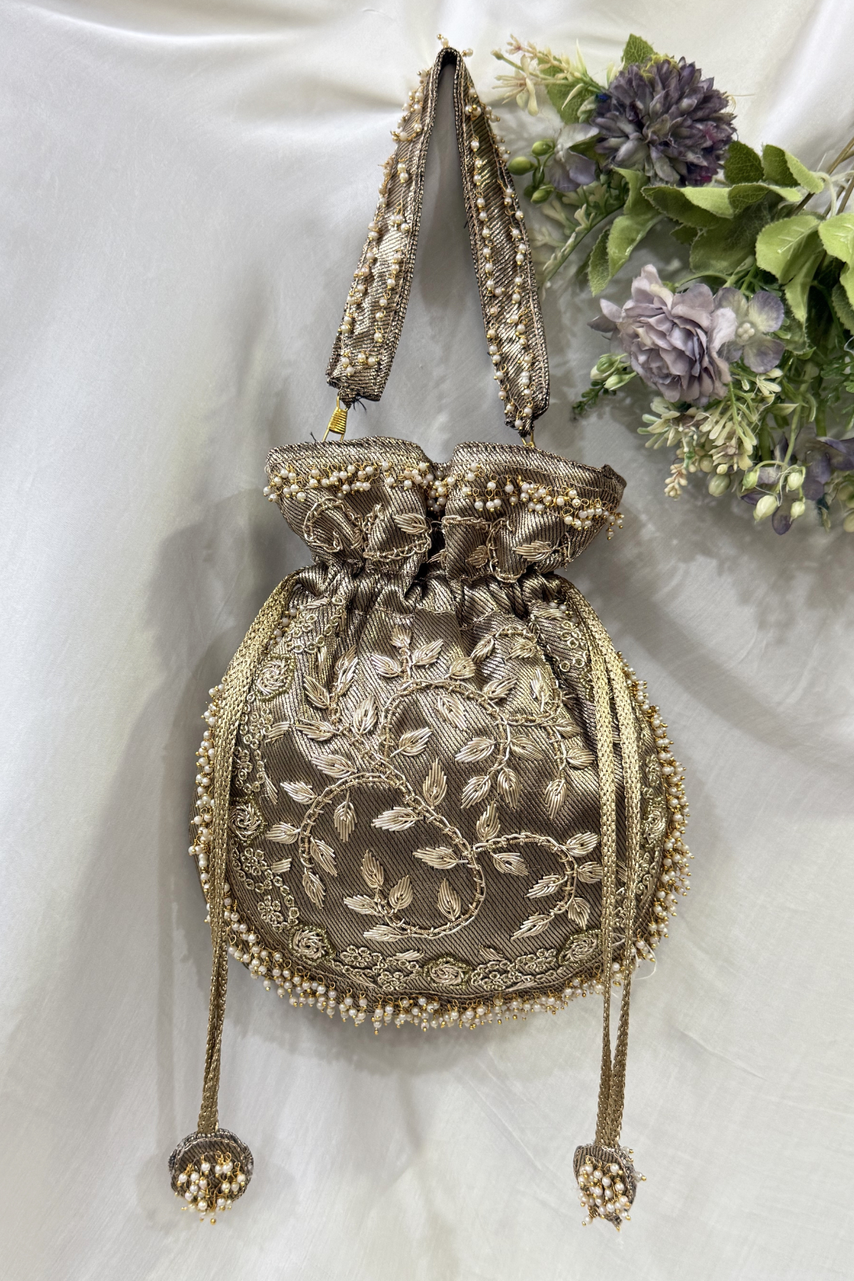 Jardosi Work Potli bag - Brownish Gold