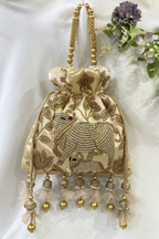 Pichwai Handwork Potli bag with beaded pearl handle - Cream Gold