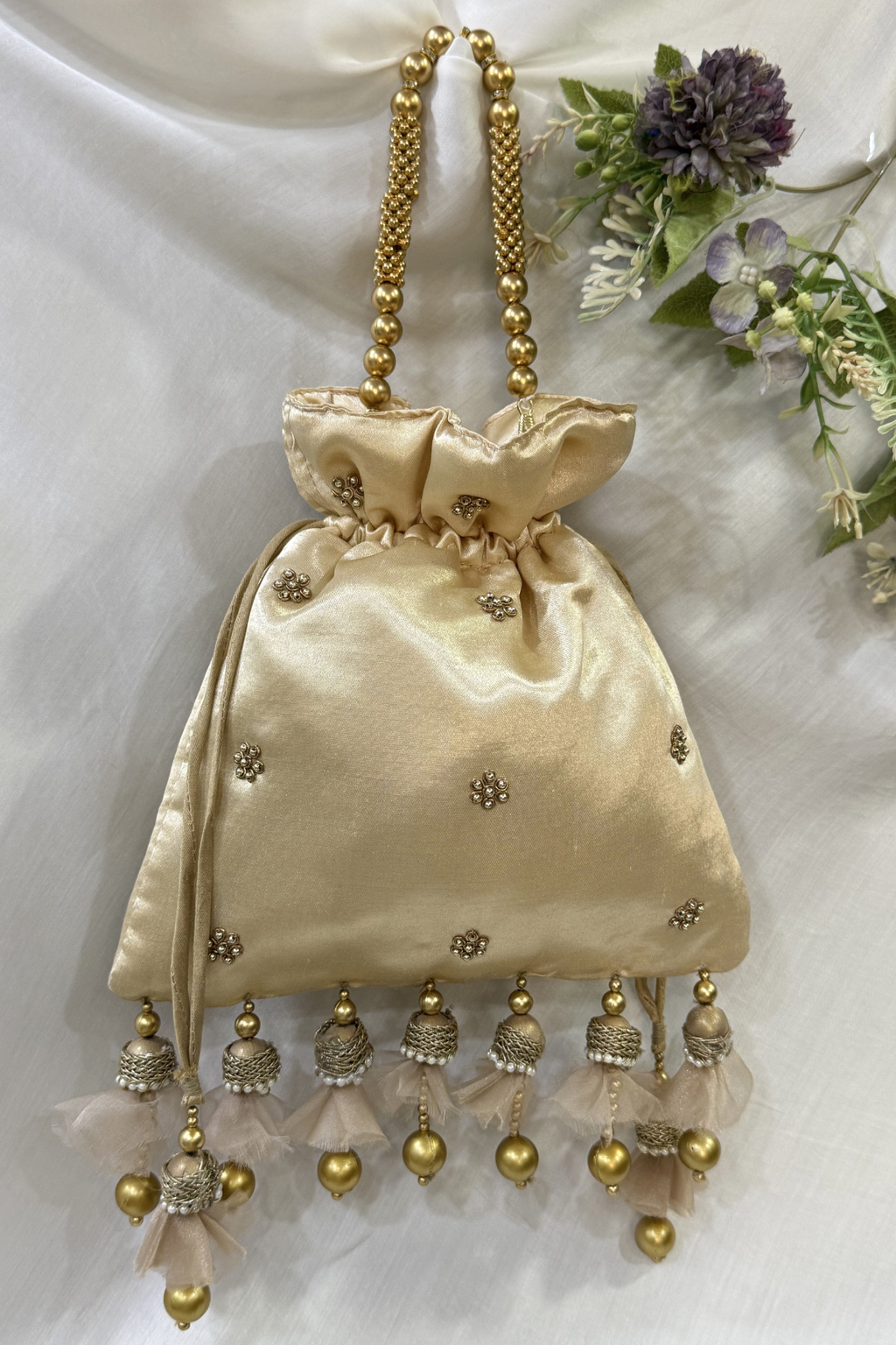 Pichwai Handwork Potli bag with beaded pearl handle - Cream Gold