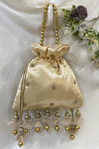 Pichwai Handwork Potli bag with beaded pearl handle - Cream Gold