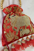 Pichwai Handwork Potli bag with beaded pearl handle - Red
