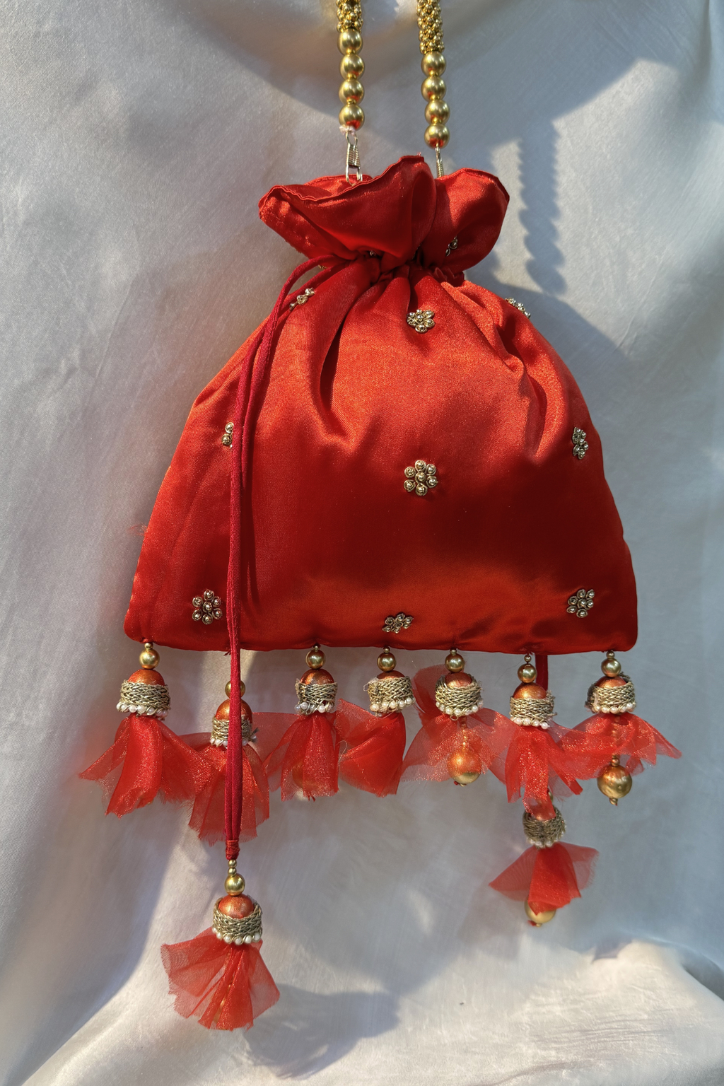 Pichwai Handwork Potli bag with beaded pearl handle - Red