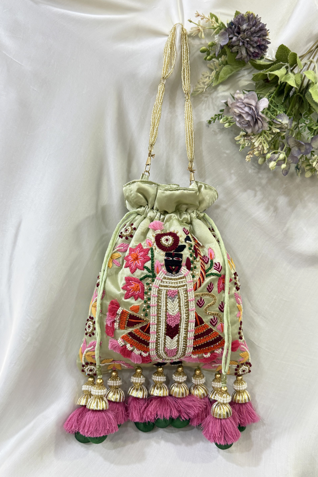 Shreenath Ji Work Potli Bag - Pista Green