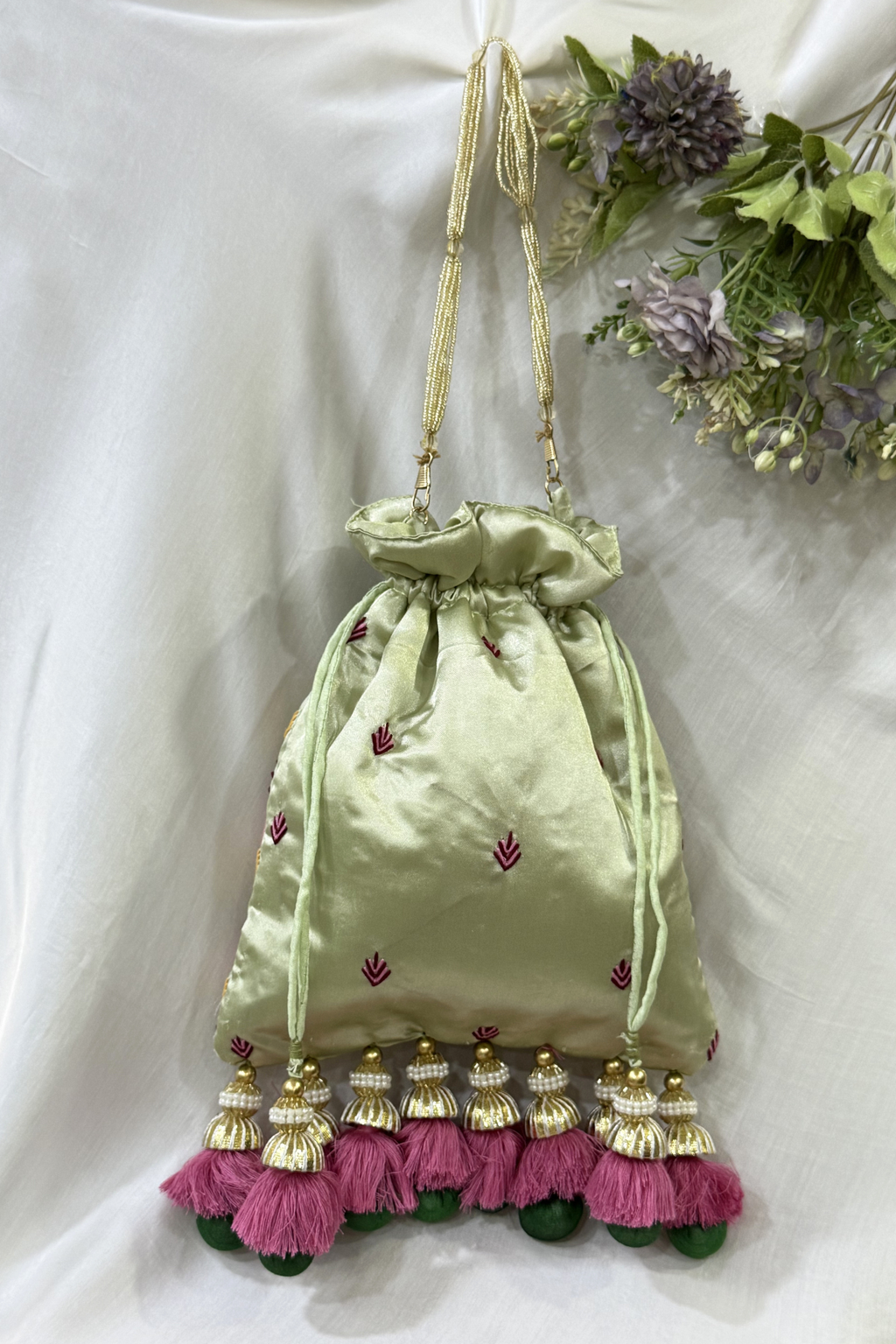 Shreenath Ji Work Potli Bag - Pista Green