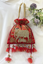 Pichwai Handwork Potli bag with beaded pearl handle - Red
